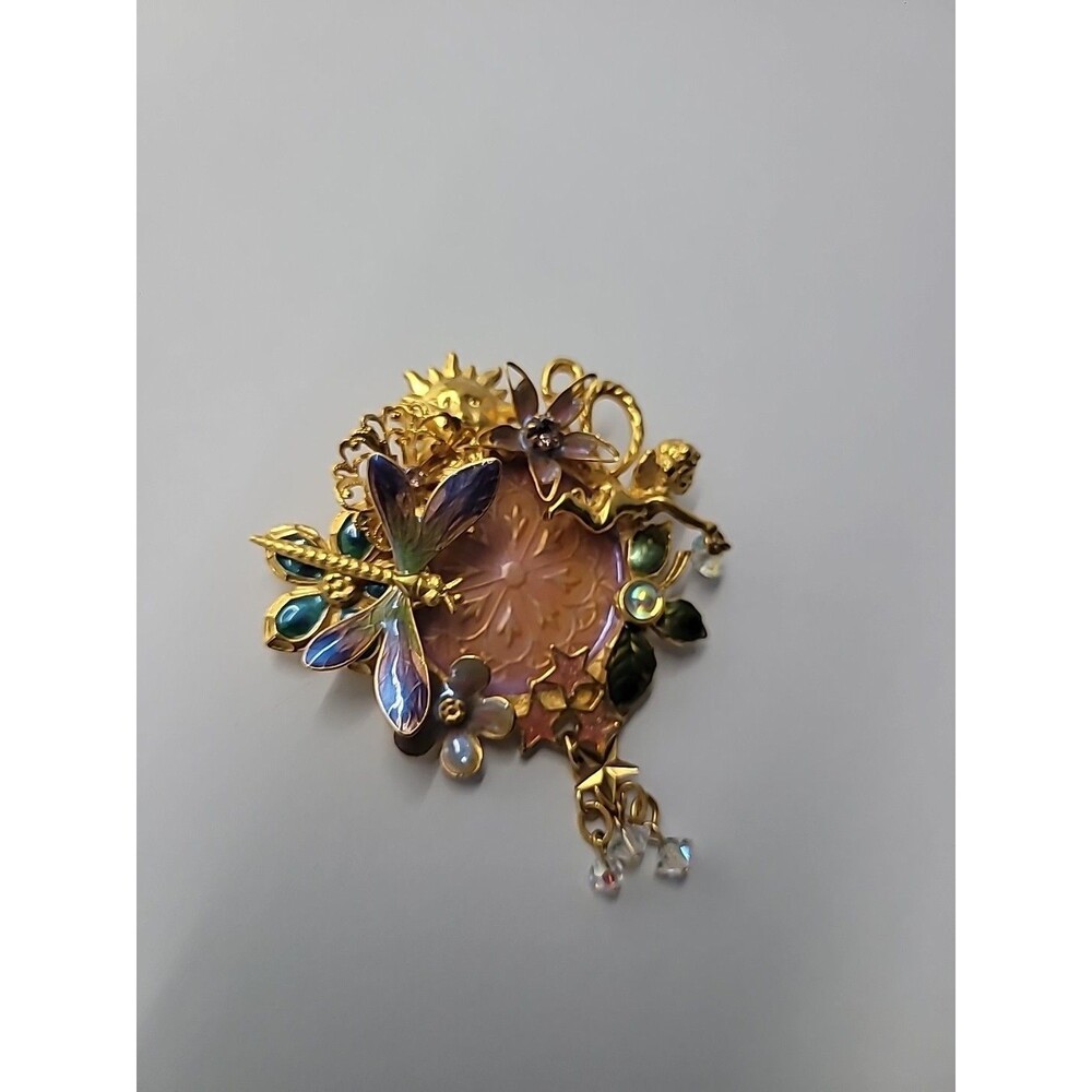 Vintage Kirks Folly Fairy Dragonfly Garden Brooch Iridescent Medallion Retired - Picture 13 of 16